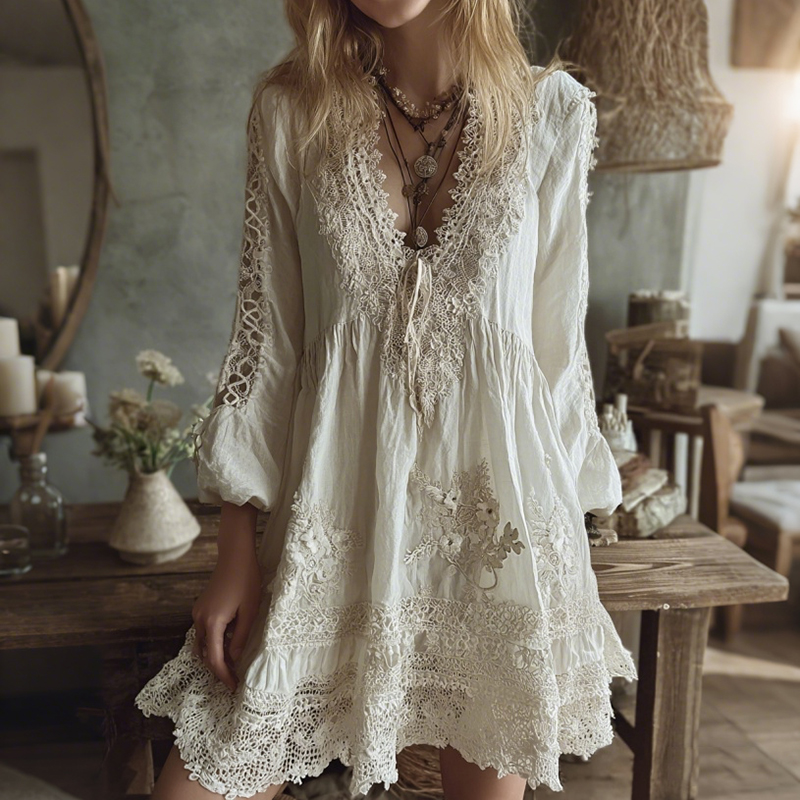 Women's Vintage Lace Floral Art Midi Dress