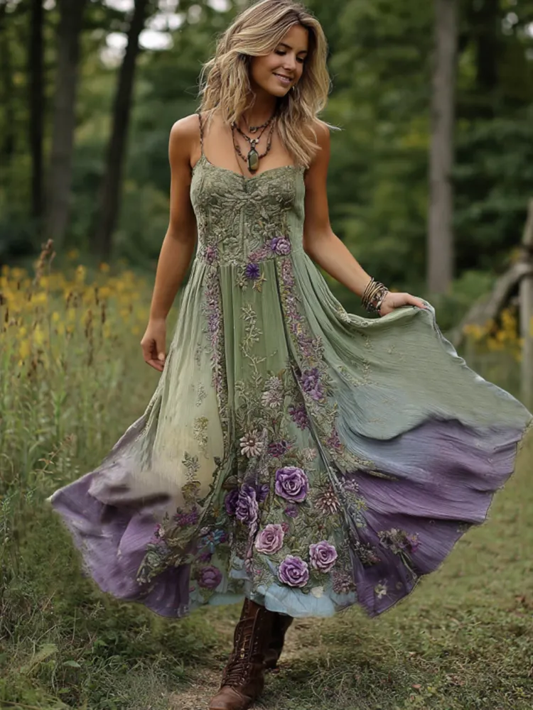 Vintage Classy Gradient Purple Lavender And Floral Embroidered Suspender Long Dress