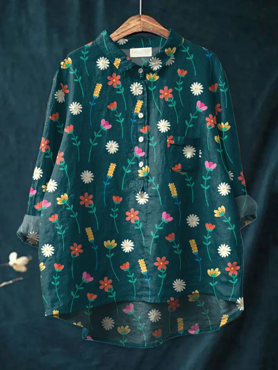 Vintage Flower Art Print Casual Cotton & Linen Shirt