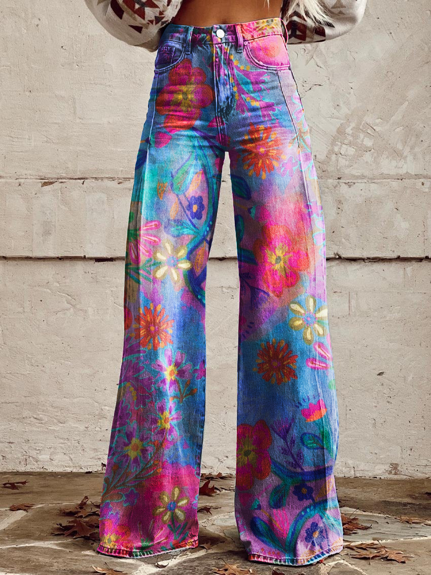 Vintage Floral Art Casual Wide-Leg Pants