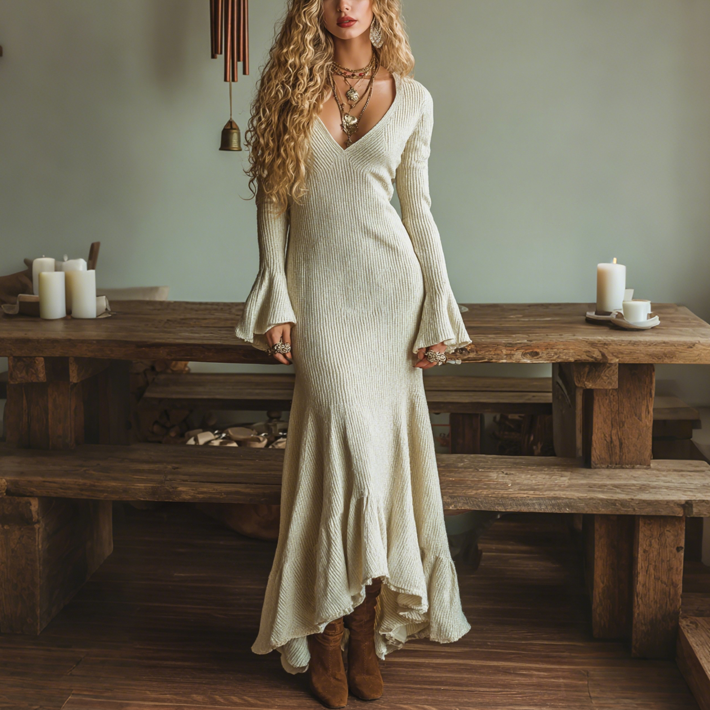 Elegant V-neck Sheer High-waisted Vertical Striped Ribbed Stretch Flared Long-sleeved Dress