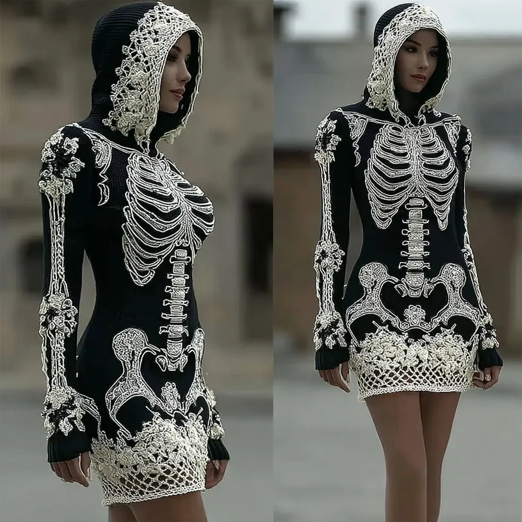 Women's Vintage Halloween Skeleton Bones With Rose Art Cozy Knit Hooded Sweater Dress