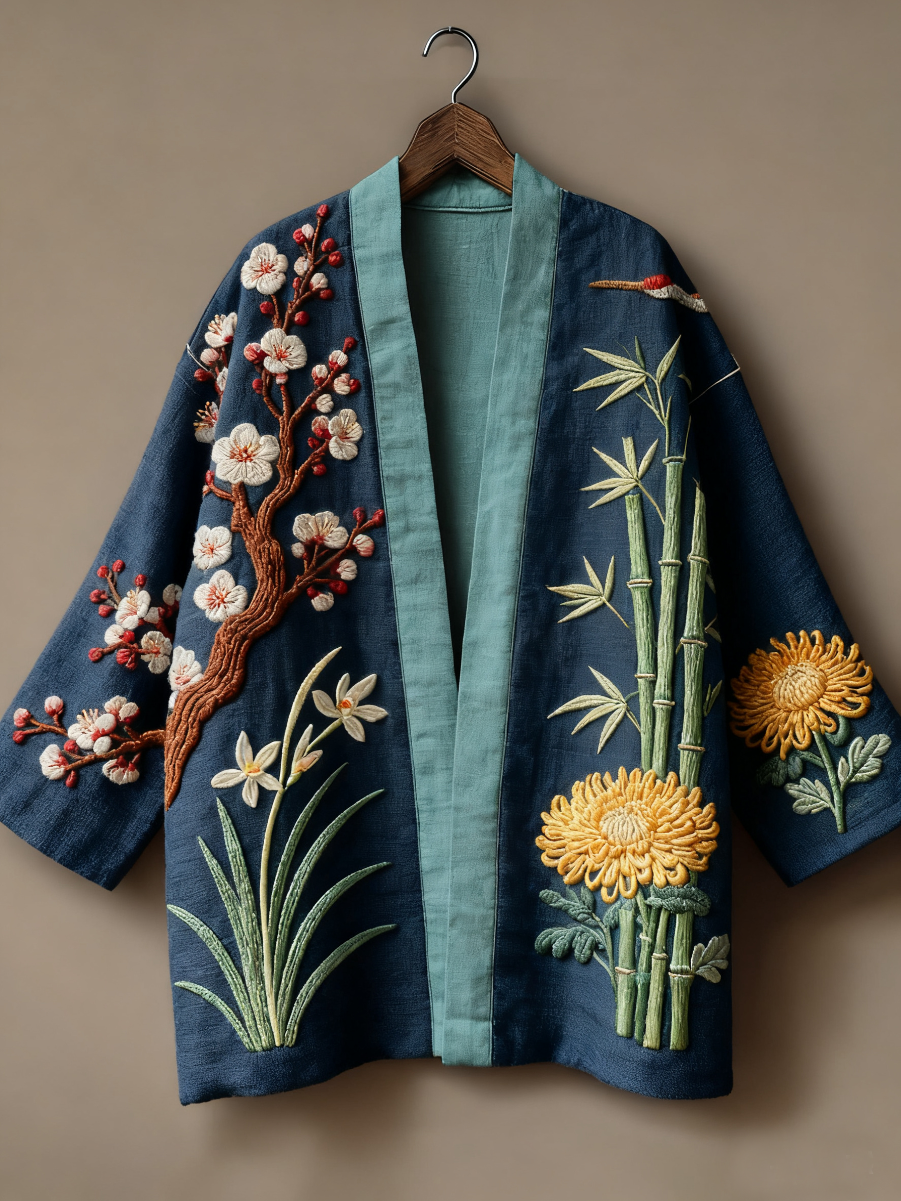 Oriental art landscape painting three-dimensional embroidery linen kimono cardigan
