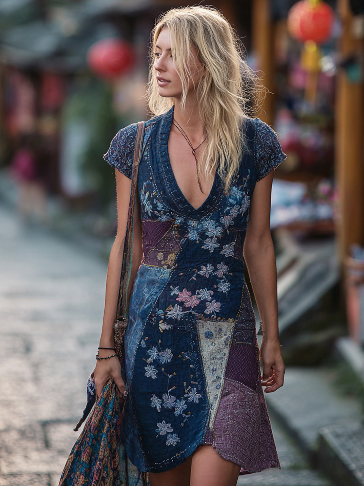 Japanese Sashiko & Floral Pattern Linen Short-sleeved Dress