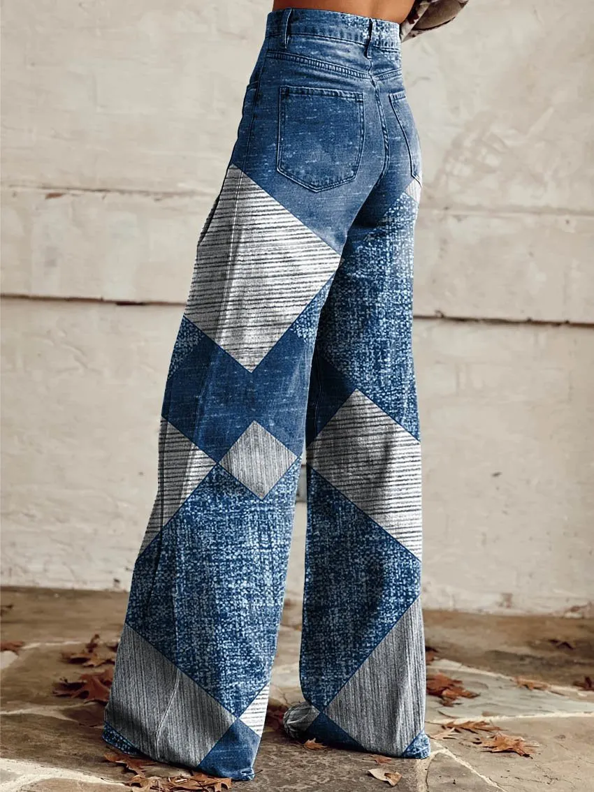 Blue Print Casual Wide-Leg Pants