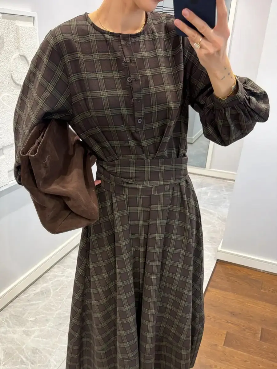 Plaid Patterned Belted Midi Dress