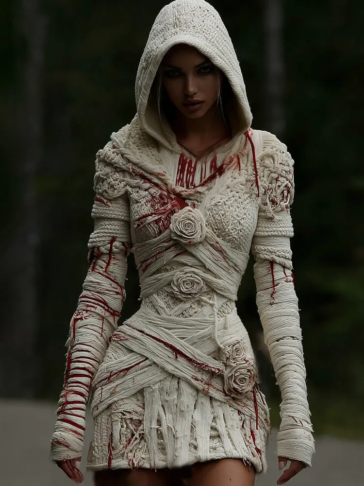 Women's Halloween Muscle Anatomy Bandage With Rose Art Cozy Knit Hooded Sweater Dress
