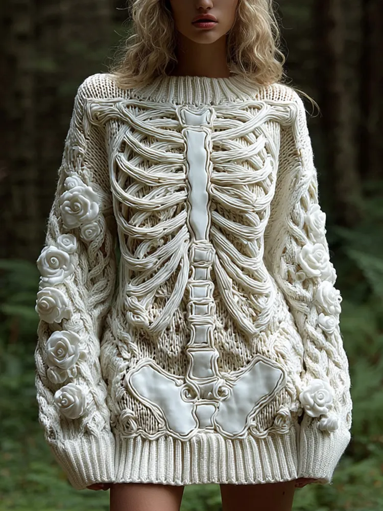 Women's Vintage Halloween Skeleton Bones With White Rose Art Cozy Knit Mini Sweater Dress