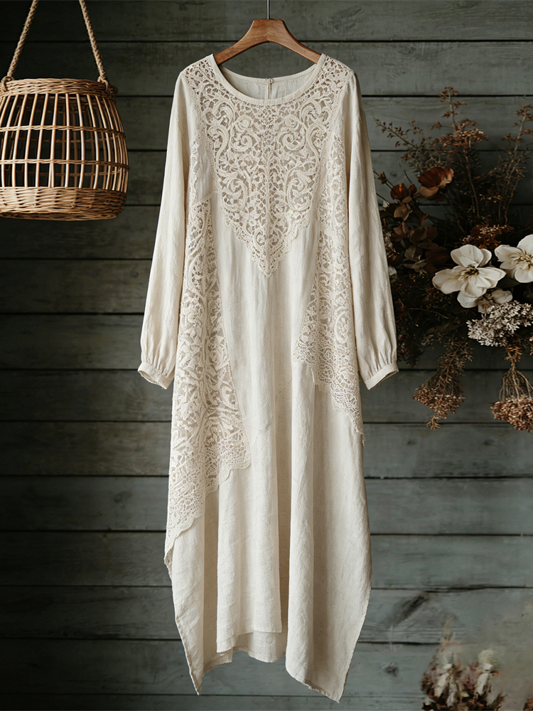 Boho Lace Floral Patchwork Vintage Women's Linen V-neck Maxi Dress