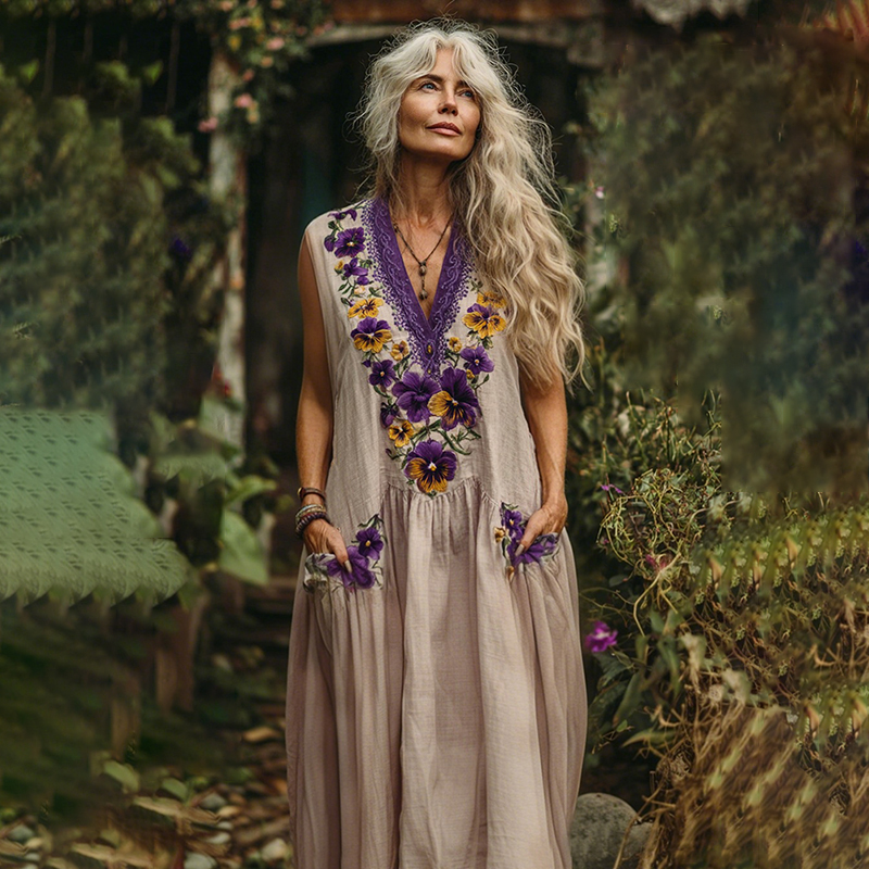 Women's Pansy Embroidery Design Maxi Pocket Tank Dress