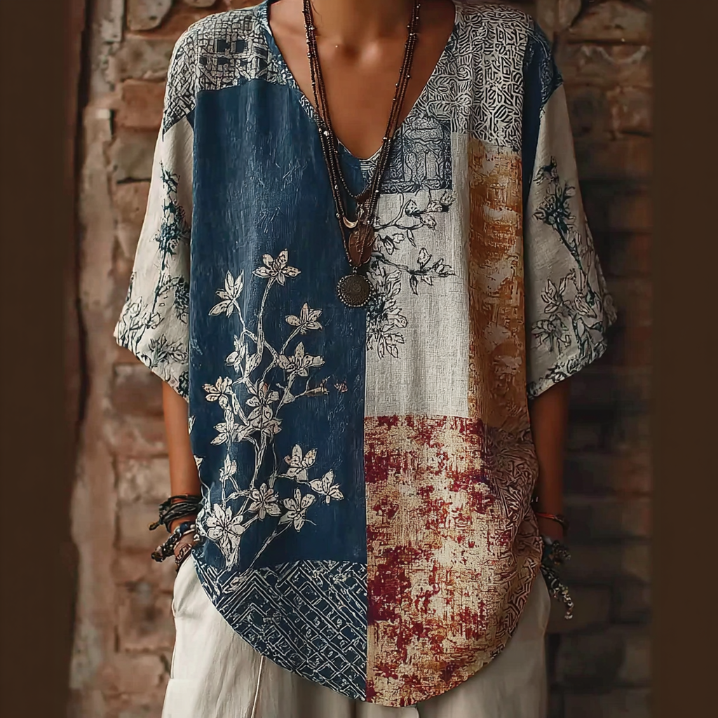 Japanese Art Retro Geometric Patchwork Plant Flower Print Women's V-neck Cotton & Linen Top