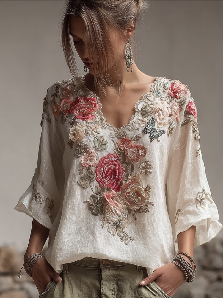 Bohemian Style V-neck Butterfly And Flower Embroidery Cotton And Linen Top