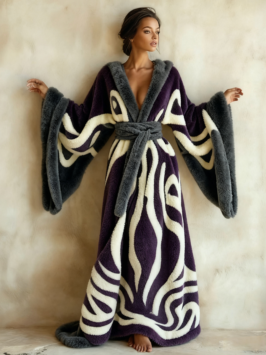 Abstract Art Print Kimono Long Gown Autumn & Winter Robe With Belt