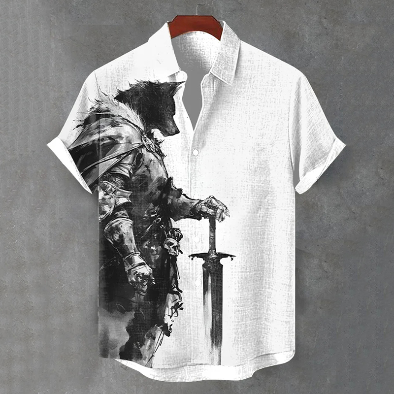 Men's Vintage Art Werewolf Knight Print Casual Shirt