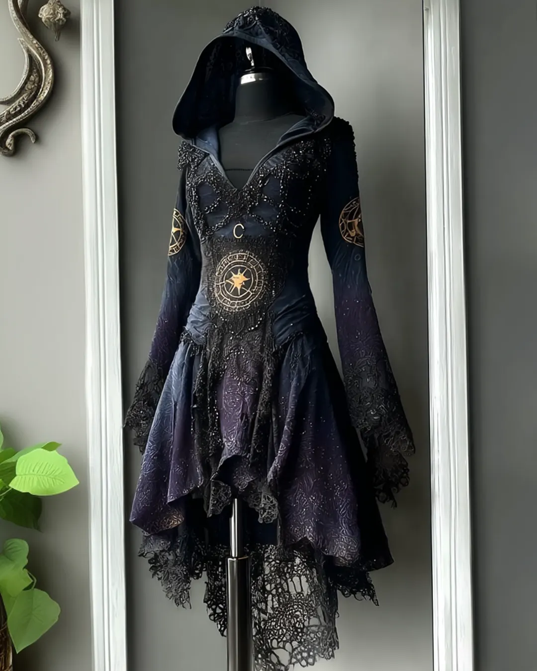 Boho Witch Gradient Star and Moon Embroidered Lace Patchwork Hooded Evening Dress 8d5c