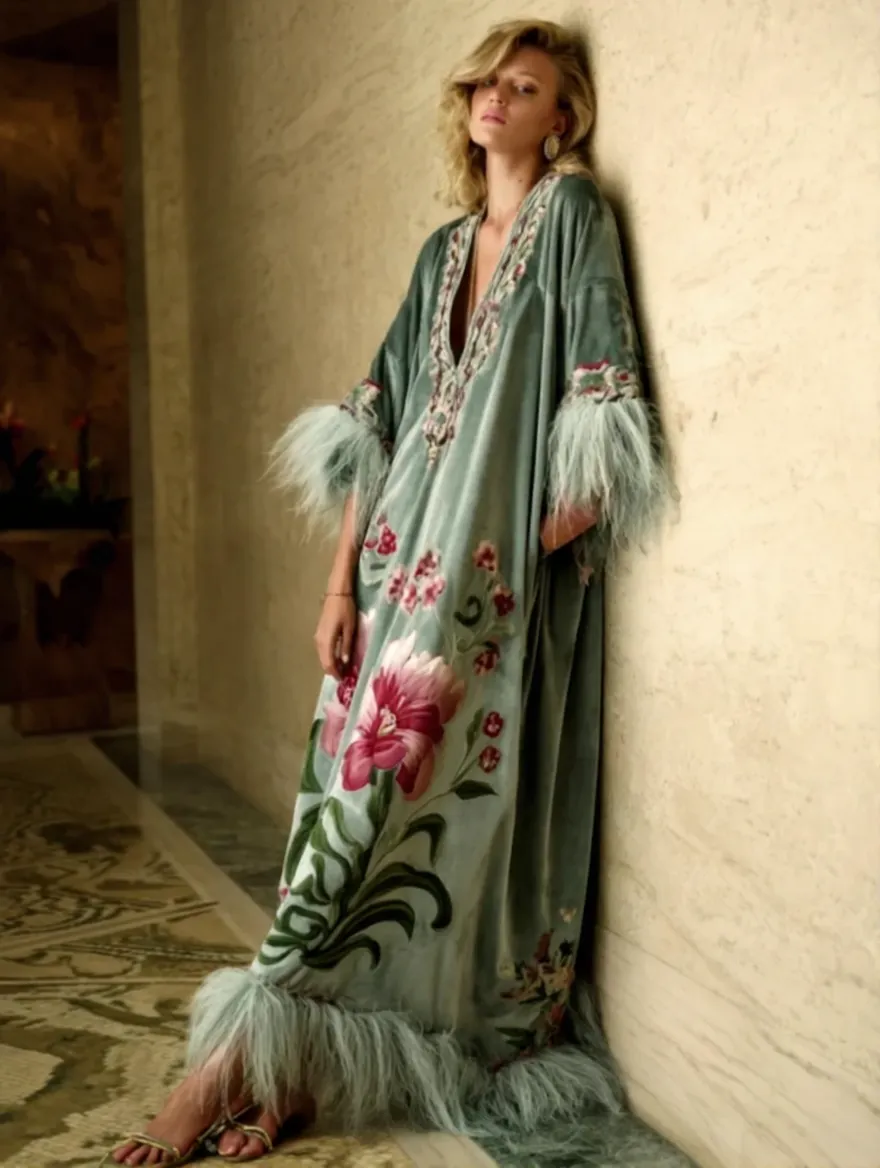Artistic print V-neck loose-fitting fluffy long robe for autumn & winter