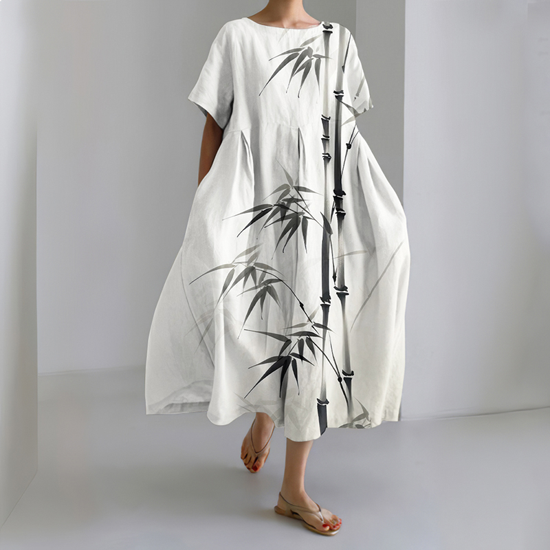 Japanese Art Ink Wash Painting Print Crew Neck Midi Dress