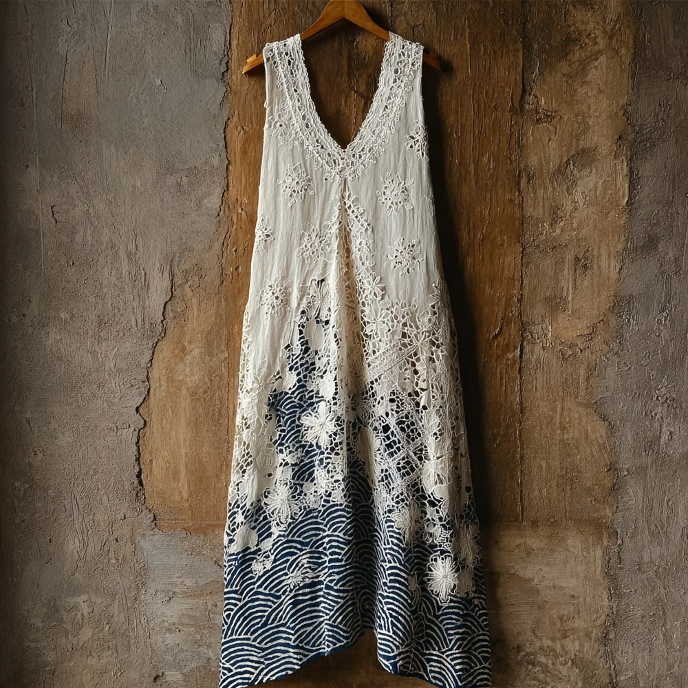 Japanese Waves Patchwork Hollow Floral Lace Maxi Tank Dress