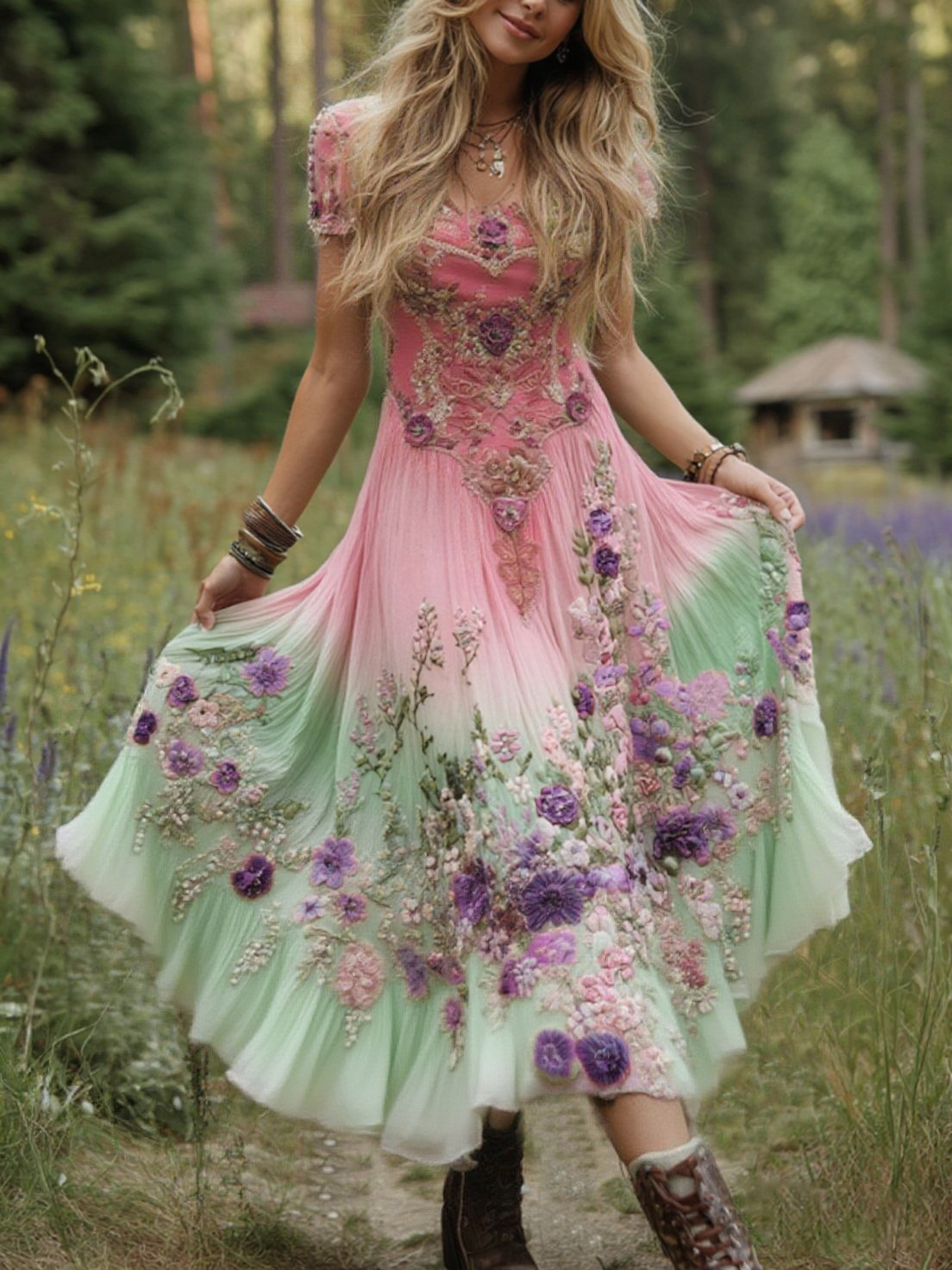 Classy Gradient Purple Lavender And Floral Embroidered Maxi Dress