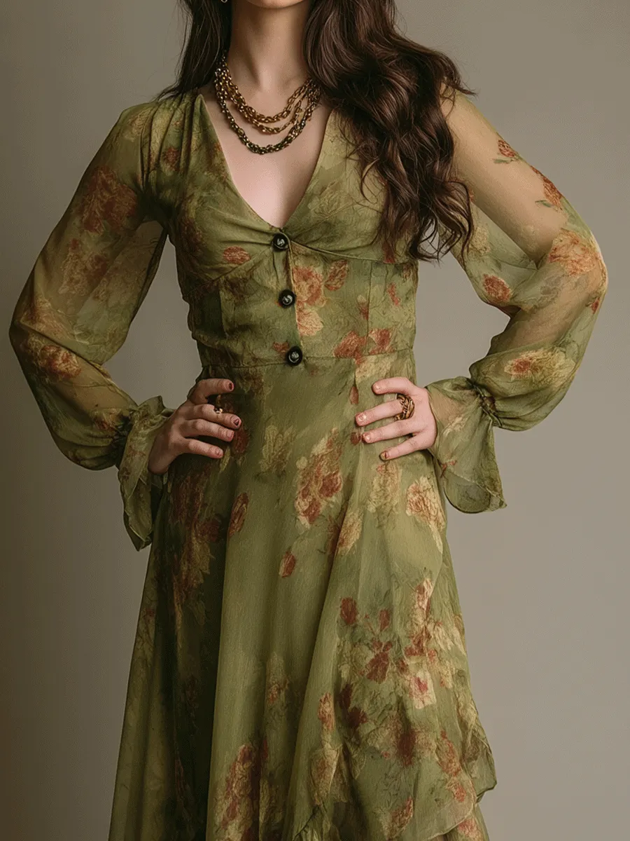 Vintage Romantic Boho Green Ruffle Hem Maxi Dress