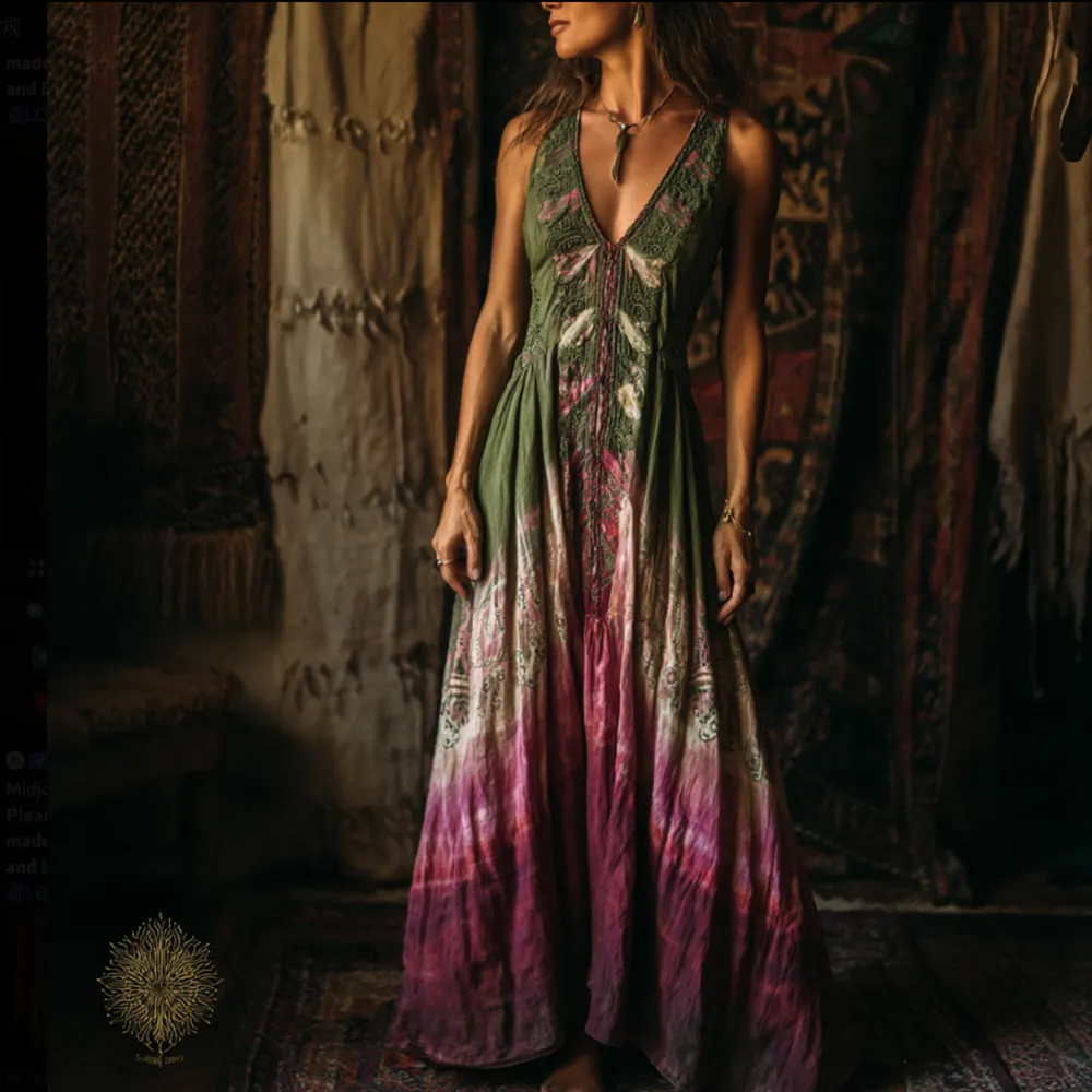 Bohemian Style Plant-dyed Knitted Flower-hollowed Sleeveless V-neck Long Dress