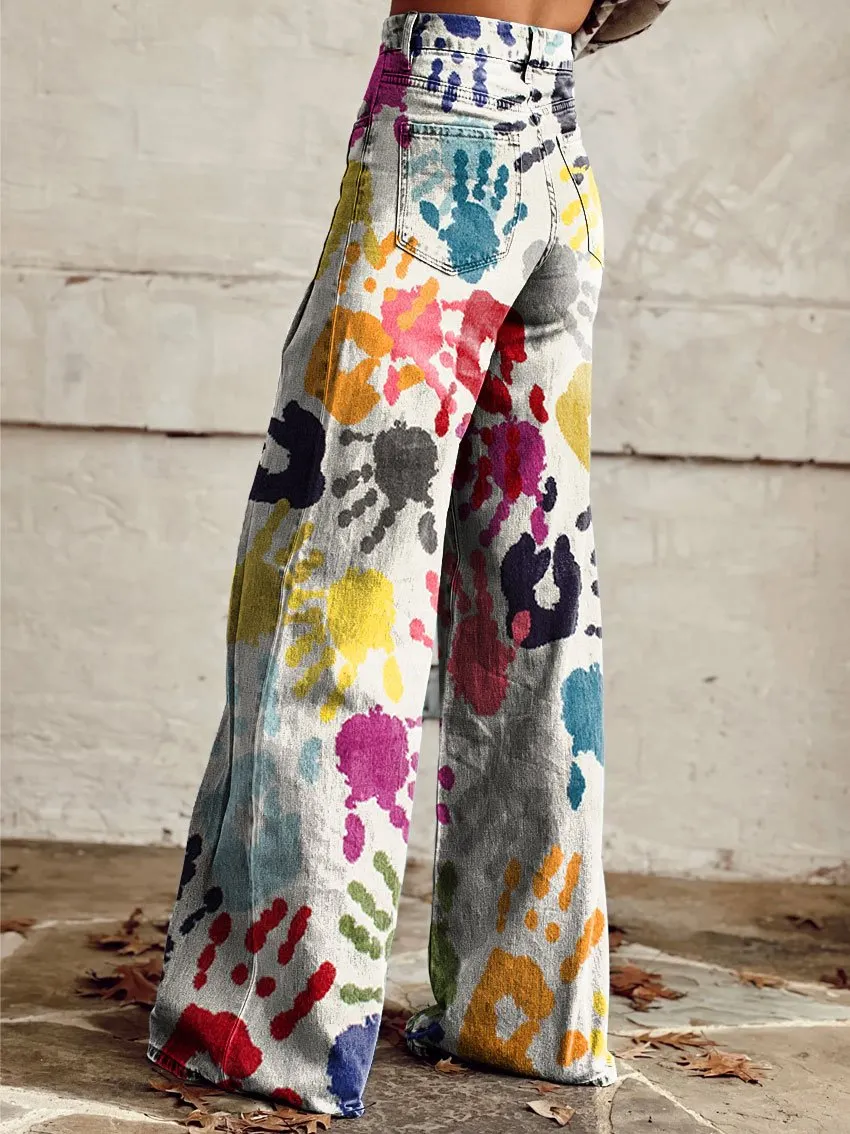 Vintage Doodle Palm Print Casual Wide-Leg Pants