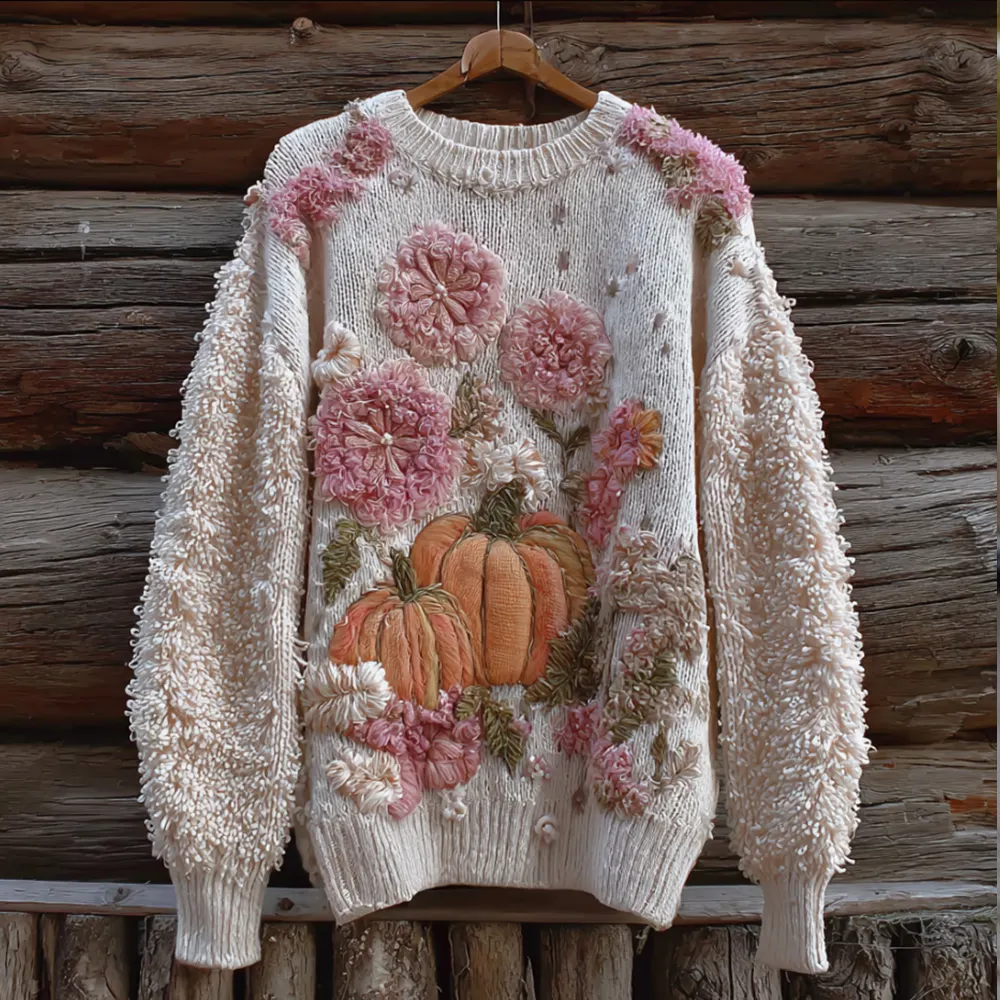 Pumpkin And Flower Plush Warm Round Neck Sweater