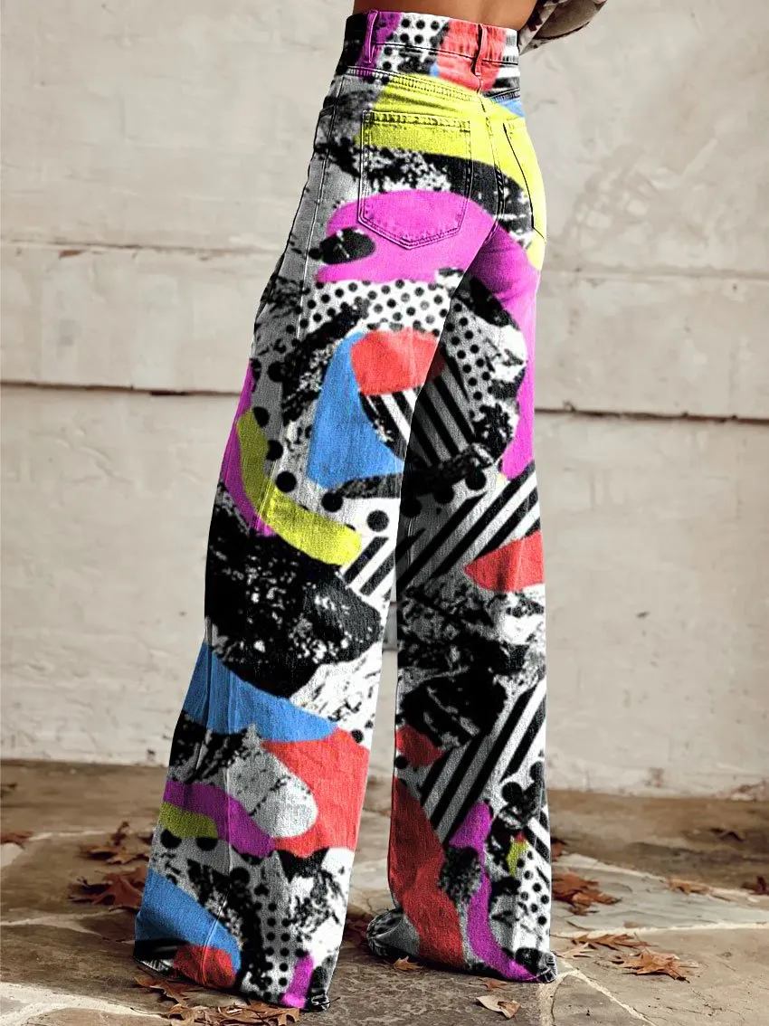 Vintage Print Casual Wide-Leg Pants