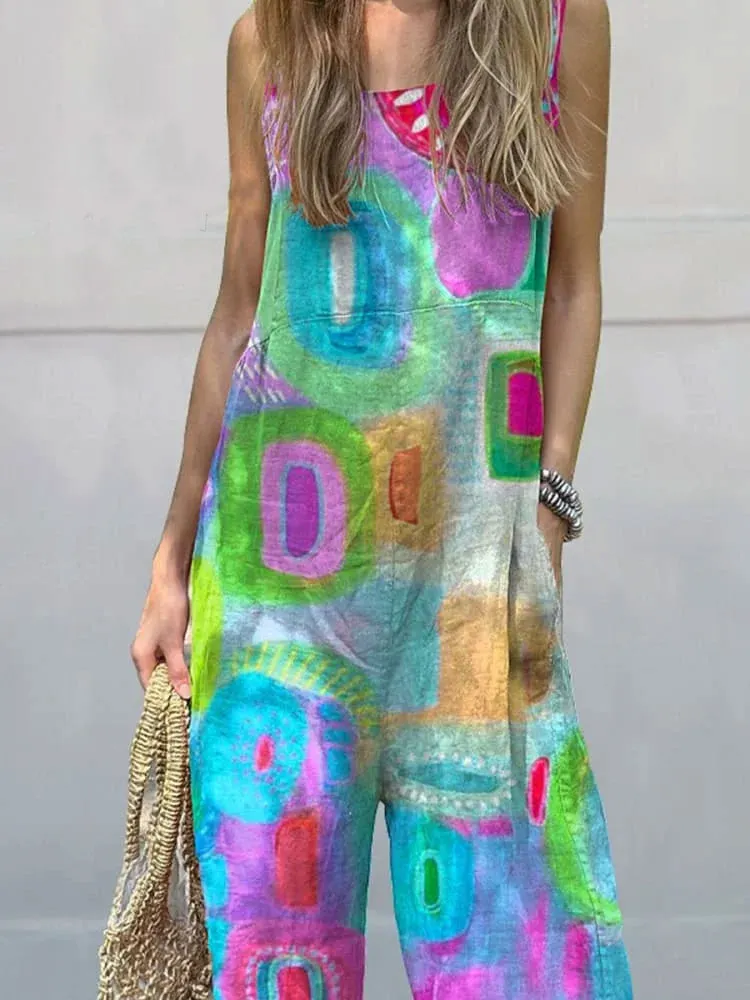 Vibrant Abstract Art Printed Women's Casual Wide-Leg Jumpsuit