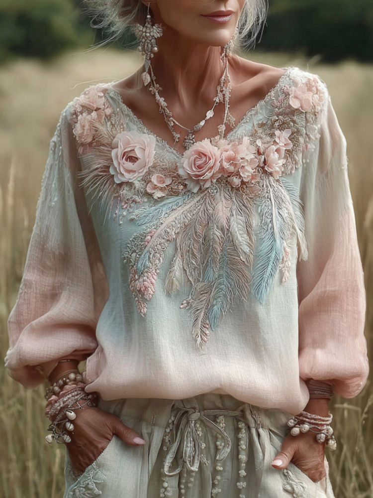 Feather Floral Embroidery Linen V-neck T-shirt