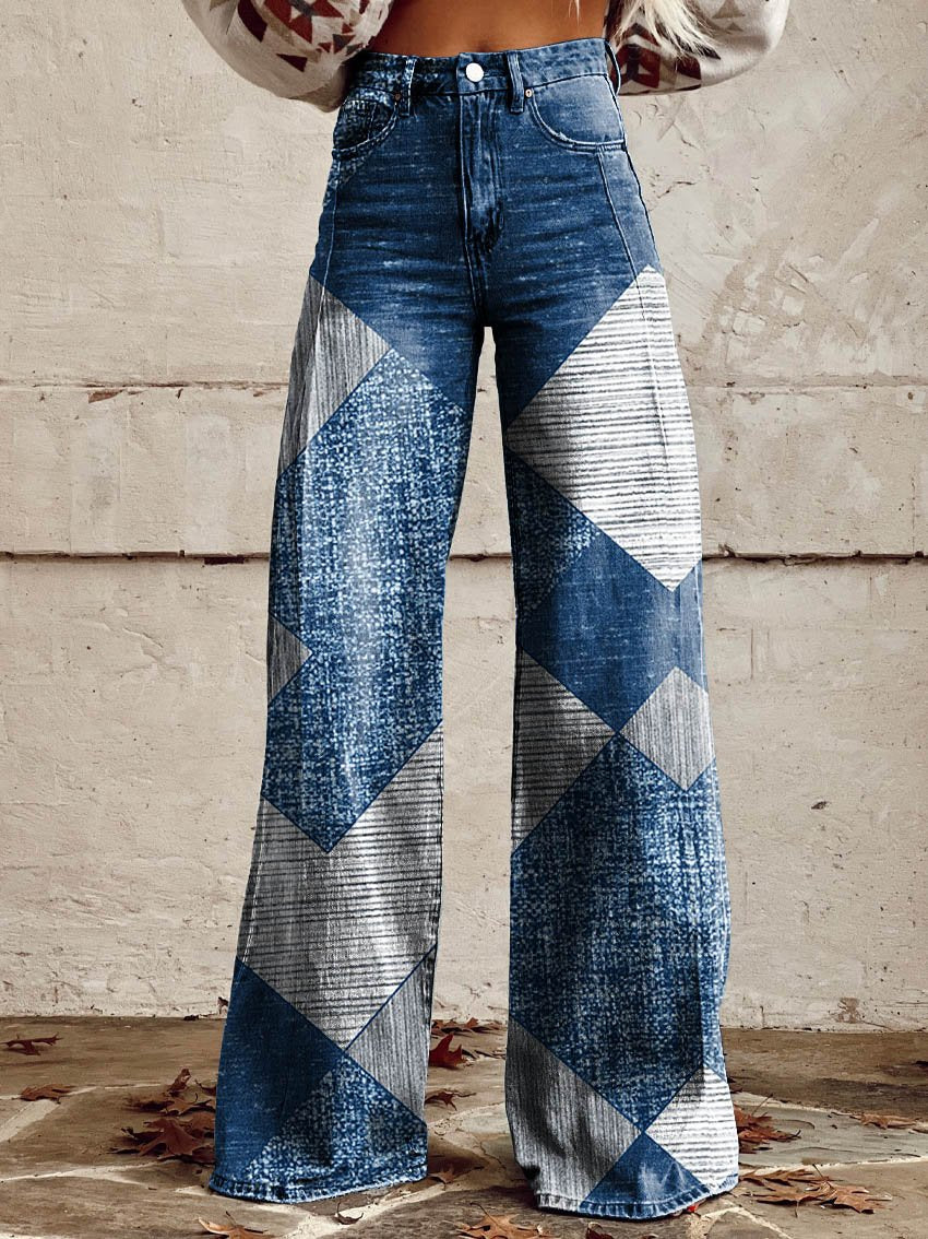Blue Print Casual Wide-Leg Pants