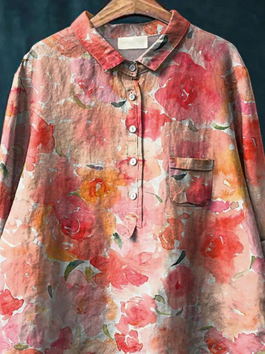 Romantic Watercolor Rose Printed Women's Casual Cotton & Linen Shirt
