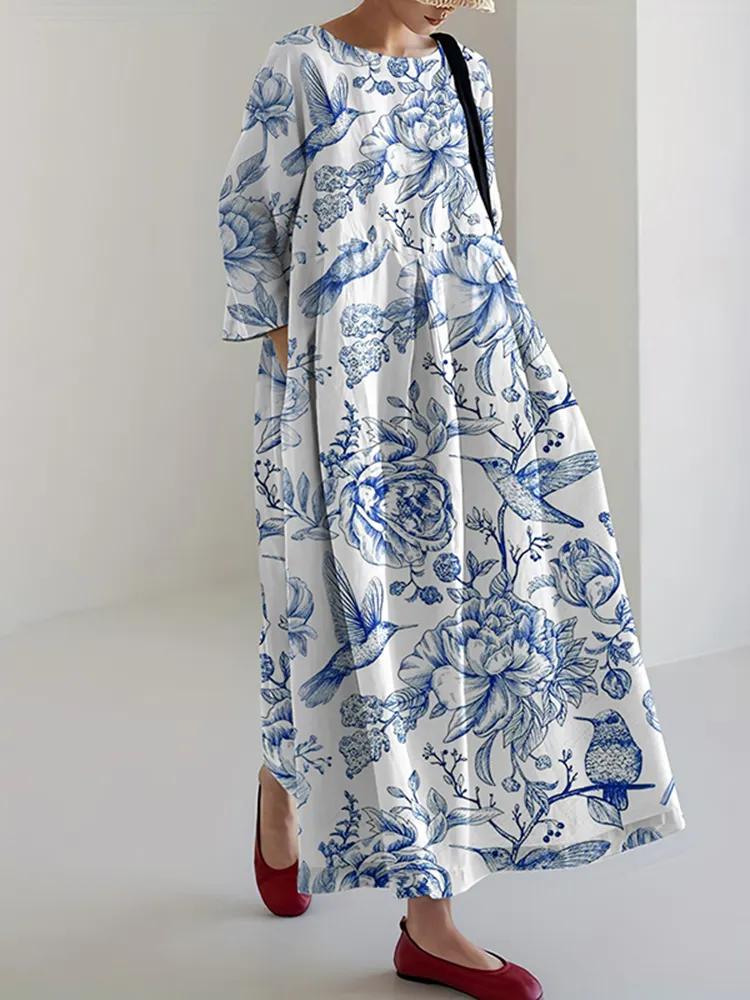 Japanese Art Floral & Bird Art Linen Maxi Dress