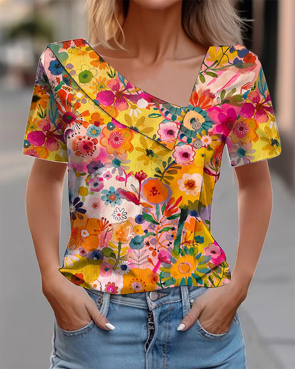 Vintage Floral Cotton Blend Short Sleeve Button Top