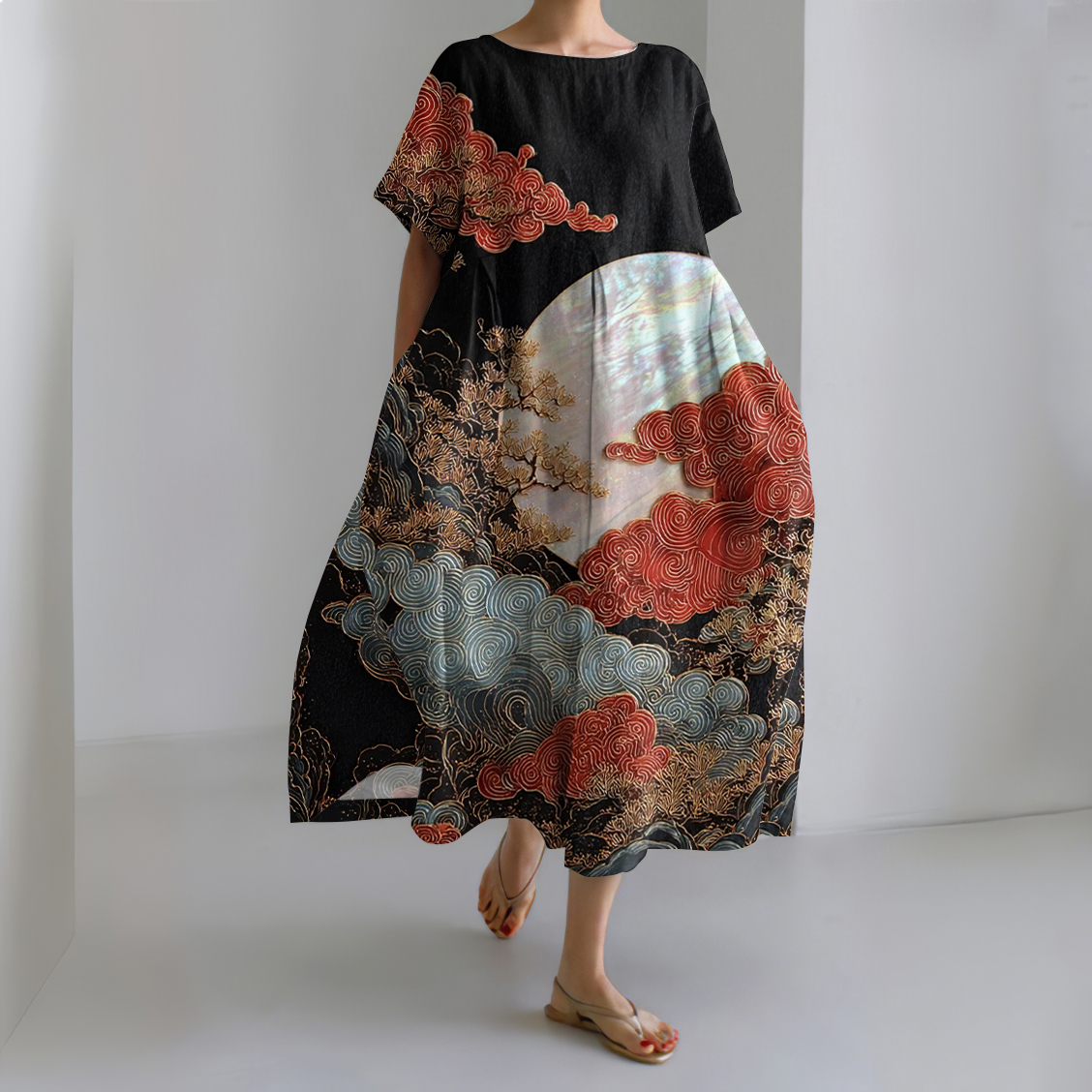 Japanese Art Print Short Sleeve Crew Neck Midi Dress