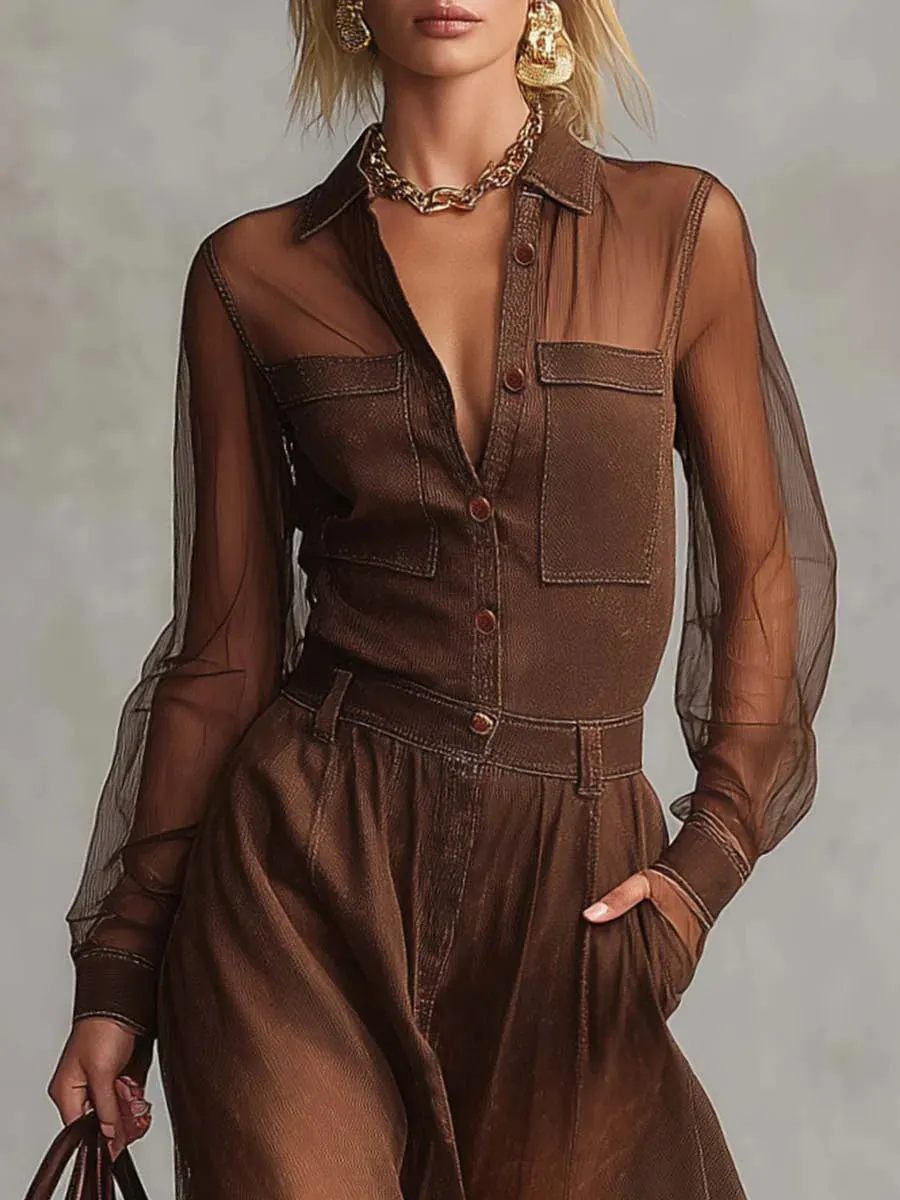 Vintage Western Front Button Organza Stitching Maxi Dress