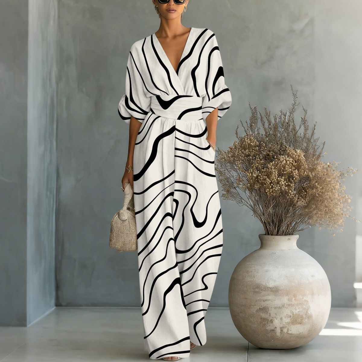 Abstract Line-Print Tight Waist Jumpsuit