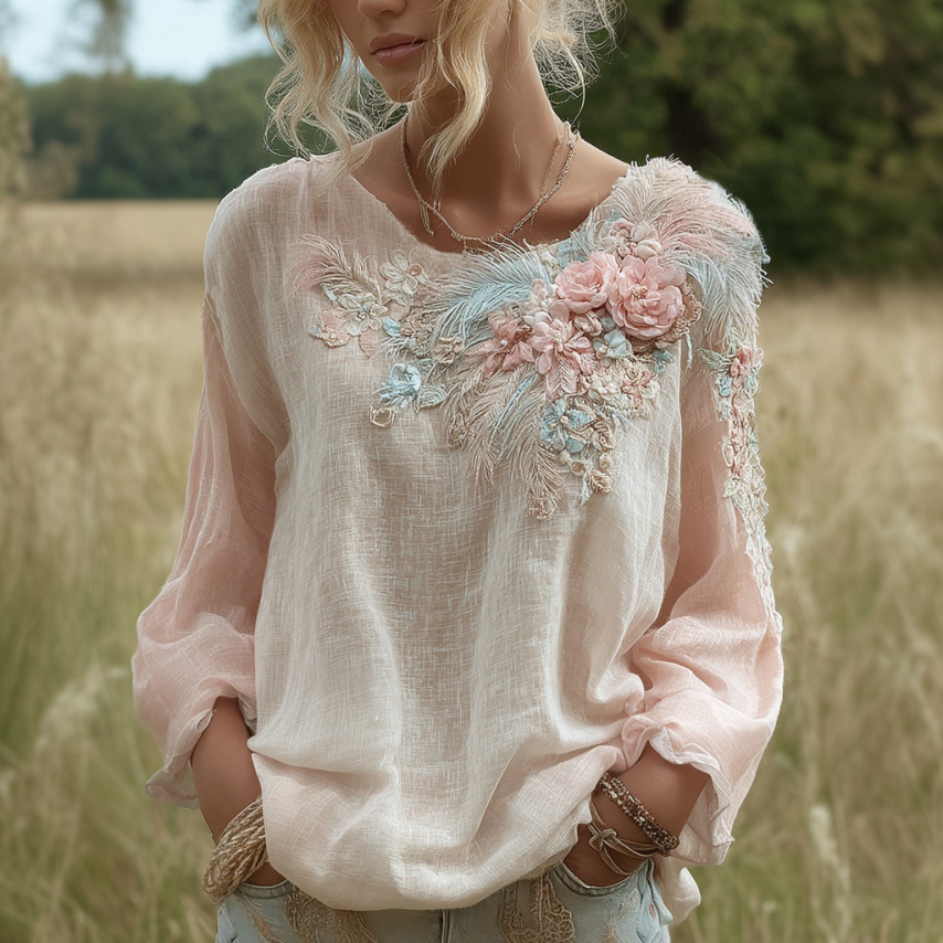 Feather Floral Embroidery Linen Crew Neck T-shirt