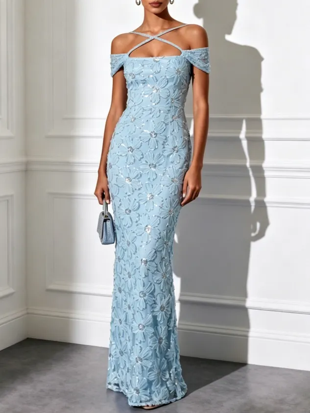 Light Blue Jacquard Glitter Classic Off The Shoulder Short-Sleeve Mermaid Floor-length Gown