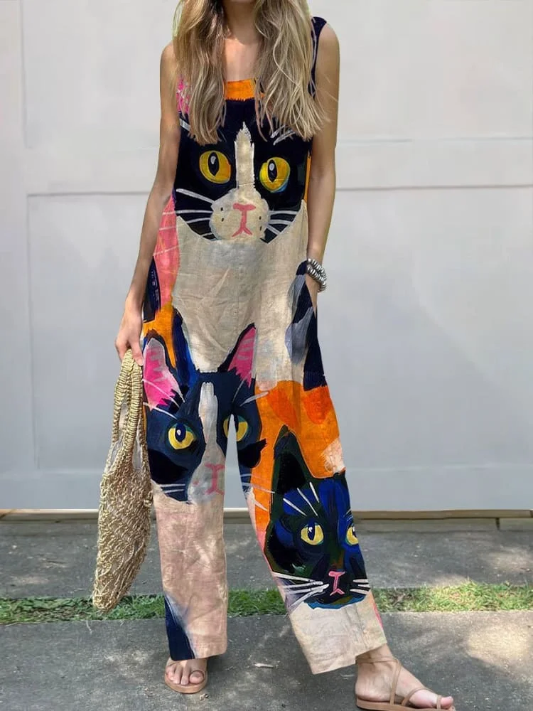 Vintage Cute Cat Art Print Casual Wide-Leg Jumpsuit