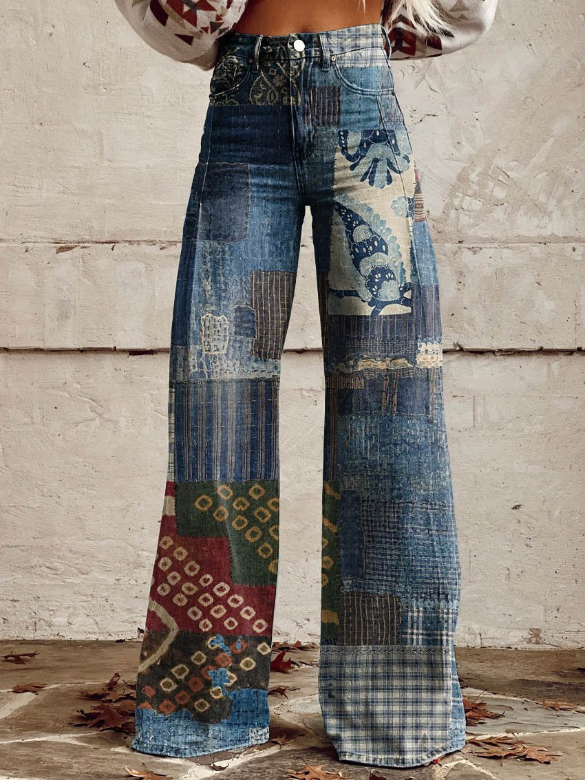 Blue Patchwork Pattern Print Casual Wide-Leg Pants