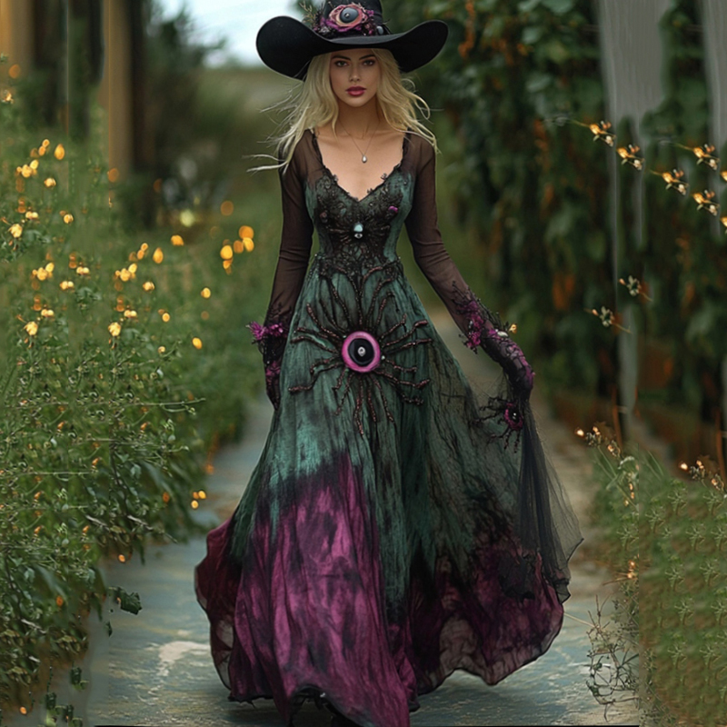 Women's Boho Witch Gradient Scary Spider Eyes Witch Maxi Evening Dress