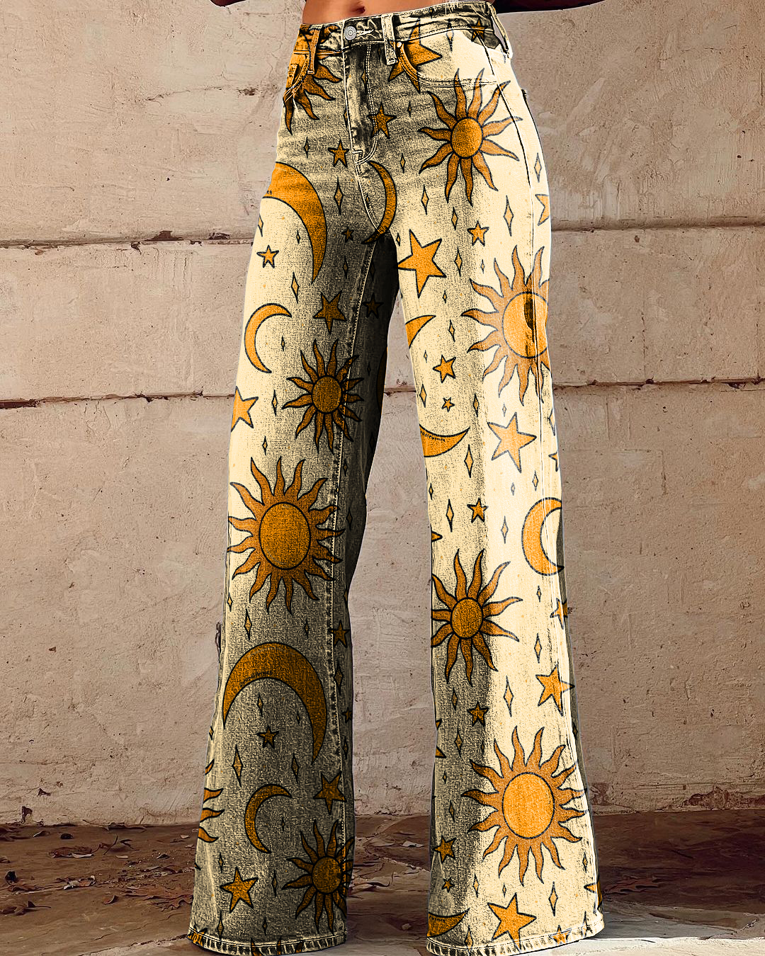 Retro Hippie Sun & Moon Printed Wide-Leg Pants