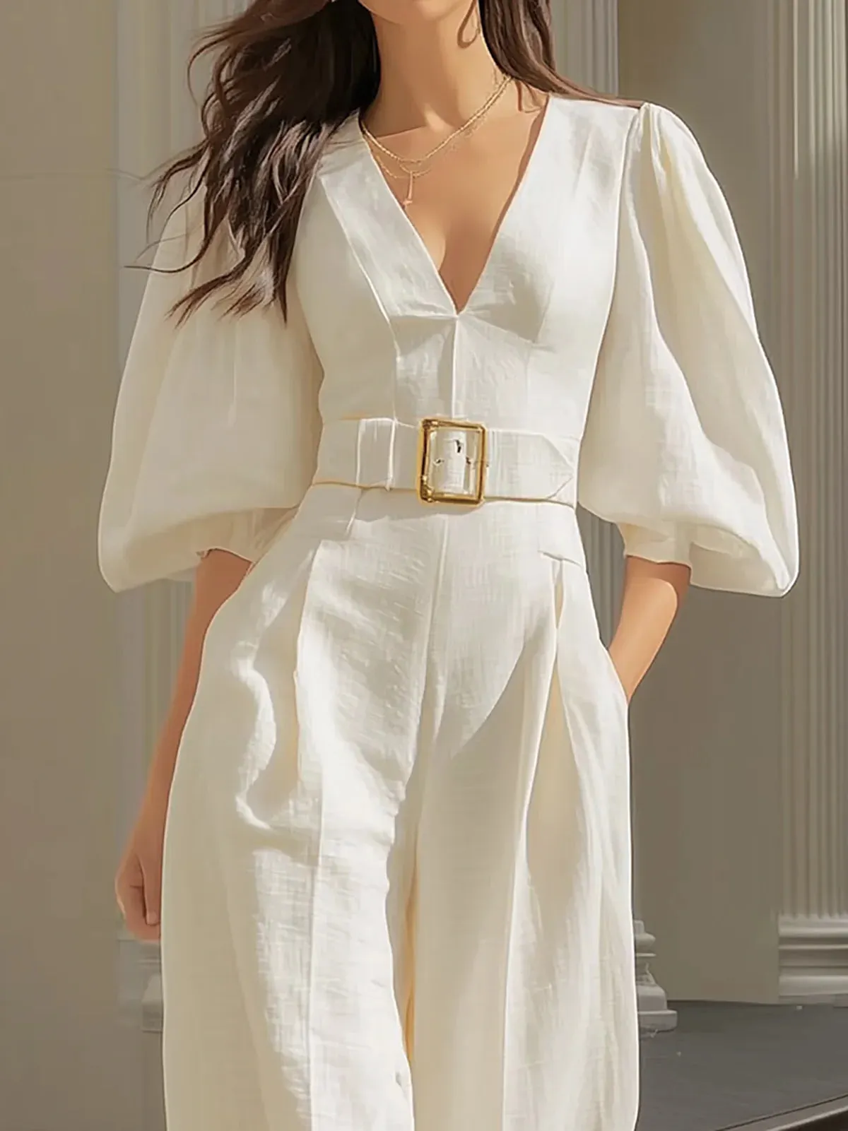 White V-neck lantern sleeve wide-leg jumpsuit