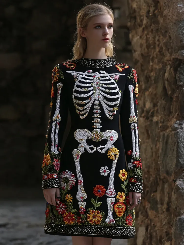 Women's Vintage Halloween Skeleton Bones Flower Comfortable Elegant Sweater Dress