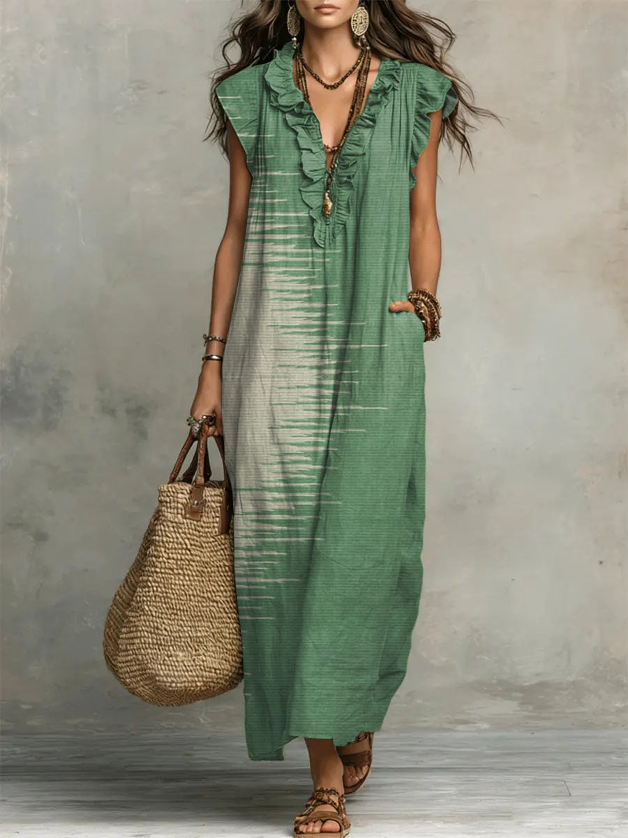 Printed V-Neck Ruffle-Trim Maxi Dress