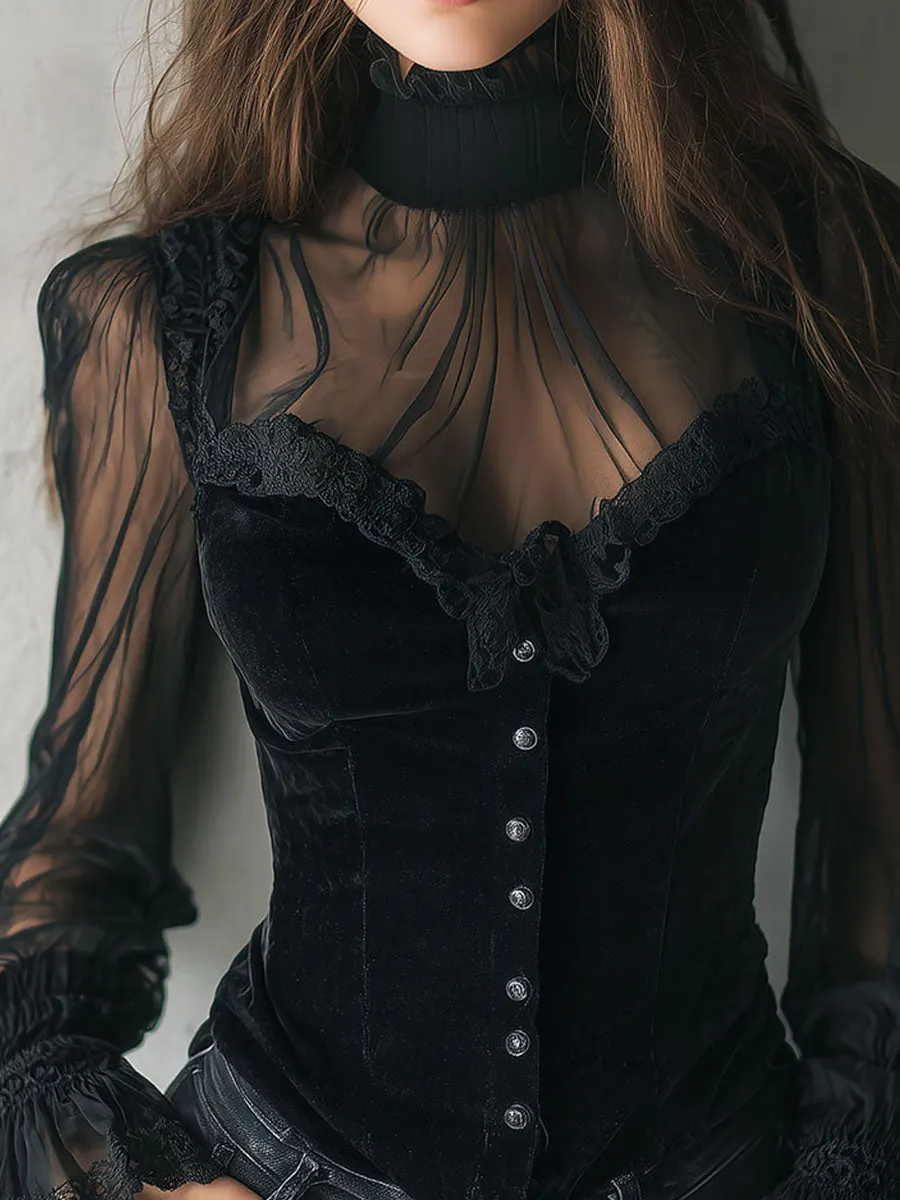 Gothic Lace Trim Black Velvet Corset Blouse With Sheer Sleeves