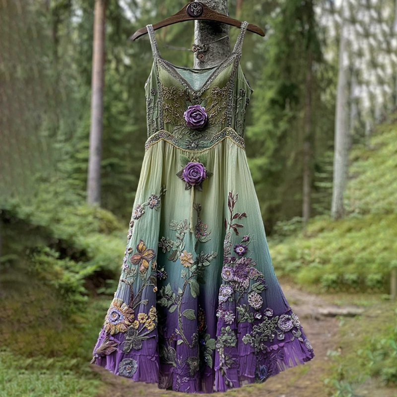 Classy Gradient Purple Lavender And Floral Embroidered Suspender Dress