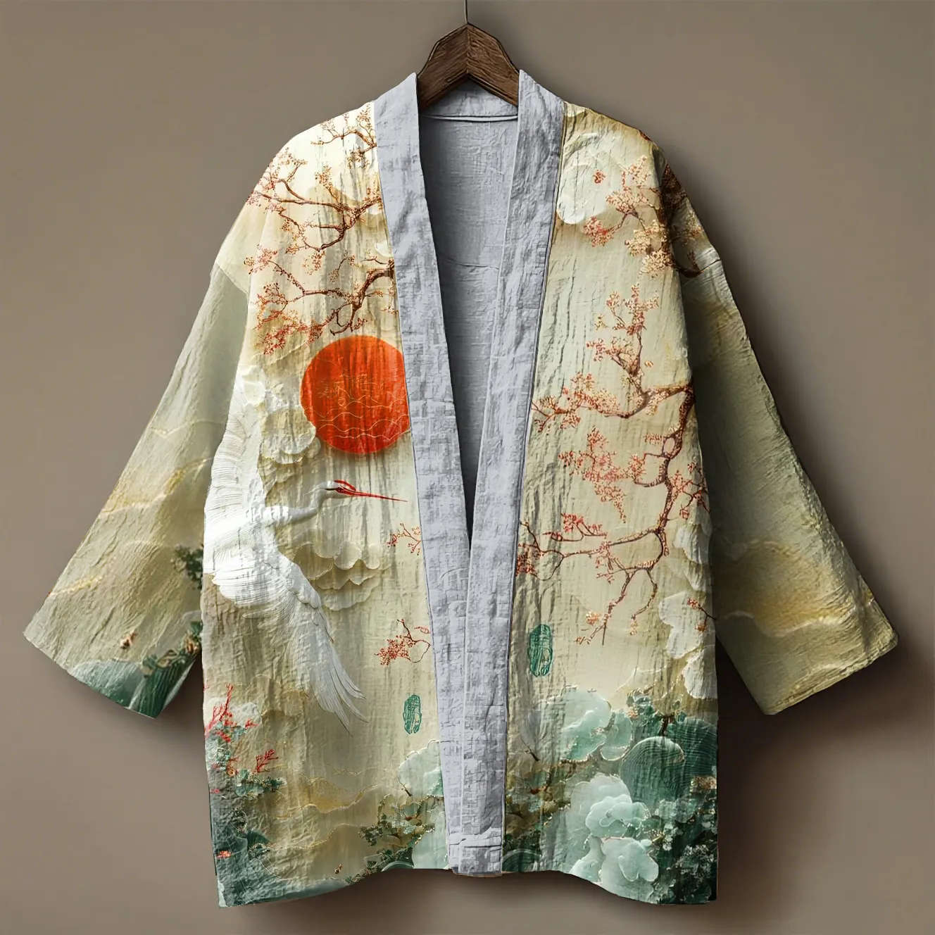 Japanese white crane embroidered printed linen cardigan kimono