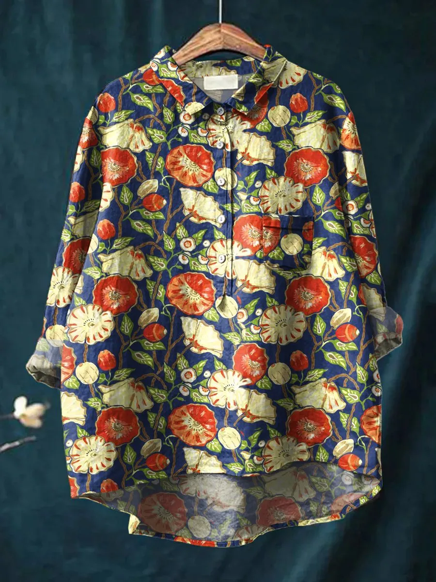 Floral Art Print Casual Cotton & Linen Shirt